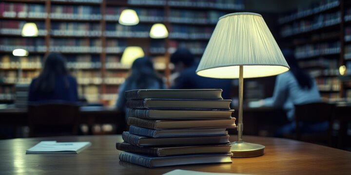 A tranquil study area featuring a stack of books and a table lamp on a desk in what appears to be a library or bookstore.
