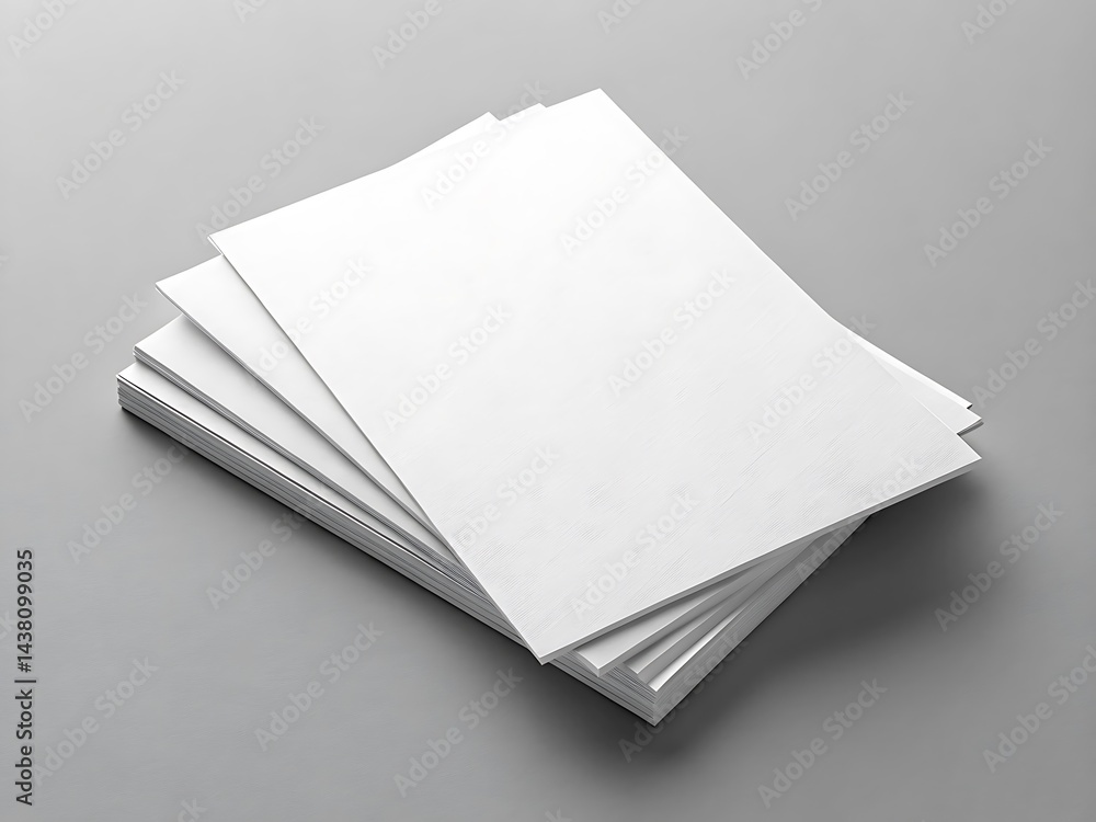 Poster stack of pristine white paper sheets neatly arranged on a smooth gray surface in a simple compositio