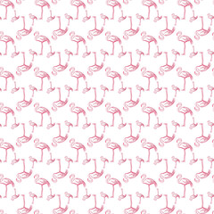 Seamless Pattern of Hand-Drawn Pink Flamingos on White Background