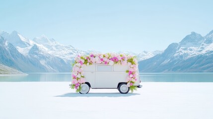 Charming white van adorned with pink flowers, serene mountain lake backdrop