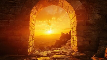 Sunset View Through Ancient Archway: A Golden Hour Masterpiece