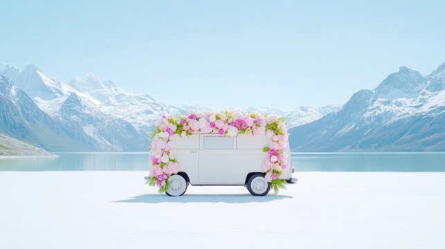 Charming white van adorned with pink flowers, serene mountain lake backdrop
