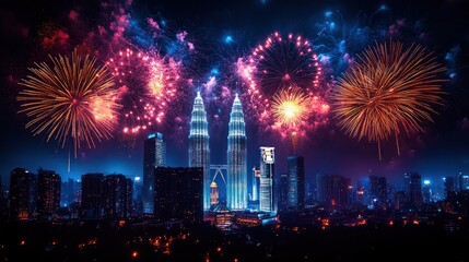 Fireworks over illuminated city skyline
