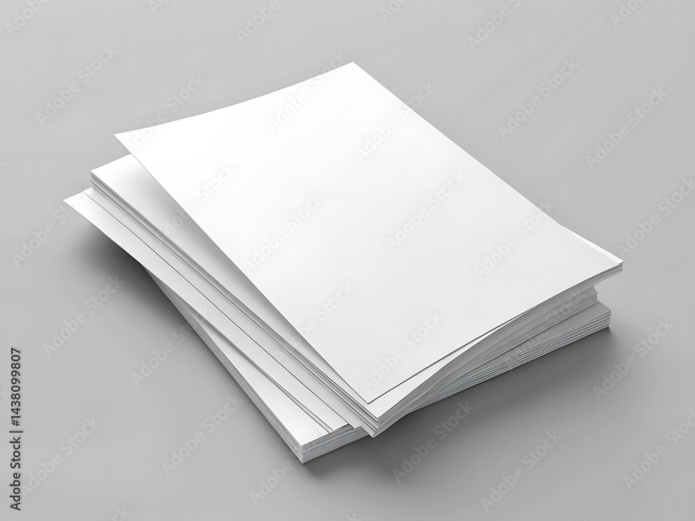 Poster a stack of white paper sheets neatly arranged on a gray surface in a slightly angled perspective
