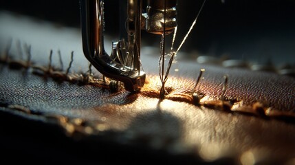 Close up of a sewing machine needle piercing brown leather, illuminated with dramatic lighting.
