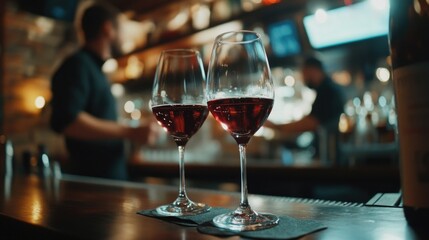 Fototapeta premium The image showcases a cozy bar scene with two wine glasses placed on a table, ready for use. The glasses are filled with a rich red wine, suggesting an evening of relaxation and enjoyment. In the