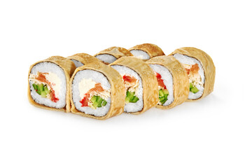 Delicious sushi rolls wrapped in omelette with salmon, cucumber and cream cheese filling on white background