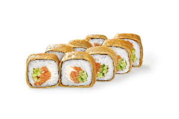 Sushi rolls with omelette, salmon, cucumber, cream cheese and rice filling on white background