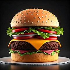 Hyperrealistic cake shaped like a cheeseburger on white.