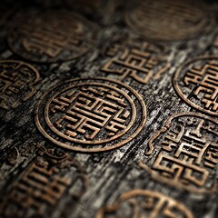 Intricate wooden carvings with circular designs, detailed and textured surface.