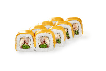 Sushi rolls wrapped in cheese with vegetables and seafood filling isolated on white background