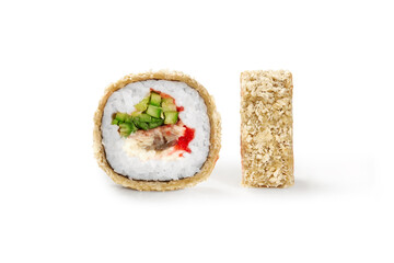 Tempura maki sushi roll showing ingredients on white background © nazarovsergey