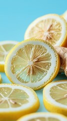 Close-up of fresh sliced lemons arranged on a bright blue background with a hand holding one lemon slice, showcasing vibrant yellow citrus fruit and juiciness in detail
