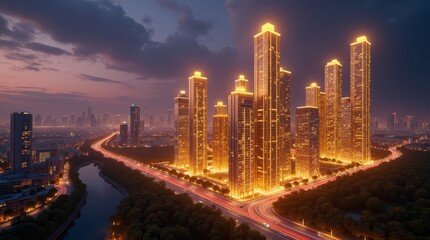 Luxurious Financial City Made of Glowing Bar Charts Representing Business Success