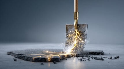 Electric energy unleashed shovel striking concrete abstract art studio setting close-up power and innovation