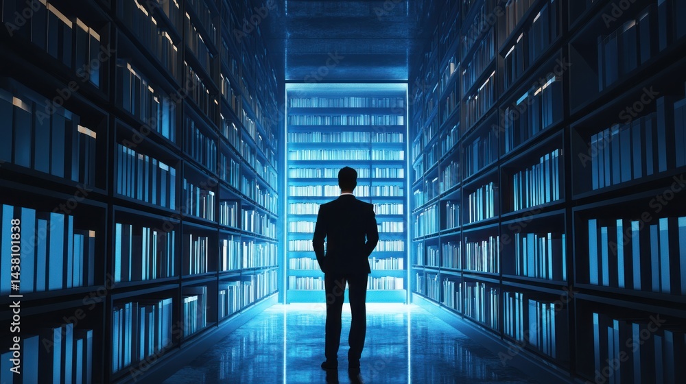 Poster a man in a suit contemplating the vastness of knowledge within a futuristic library