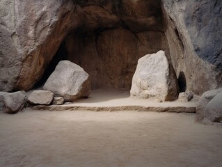 One rock floats on top of another, set against a brown background, creating a cave-like environment featuring visible rocks and dust. Creates a hazy atmosphere and warm light tones.