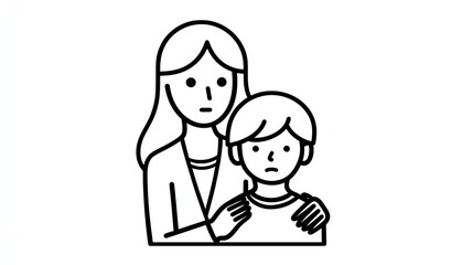 Black and white simple line drawing, mother with her arm around the shoulder of young boy who is sad