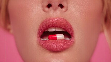 Naklejka premium Close-up of lips, front-view portrait of a woman taking a red and white pill in her mouth