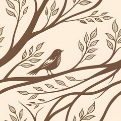 Naklejka premium Serene avian perched on intricately detailed branches, adorned with delicate leaves, creating a peaceful and elegant nature-inspired pattern.