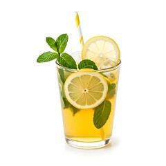 Fototapeta premium Lemon iced tea with lemon slices and mint leaves, white background.