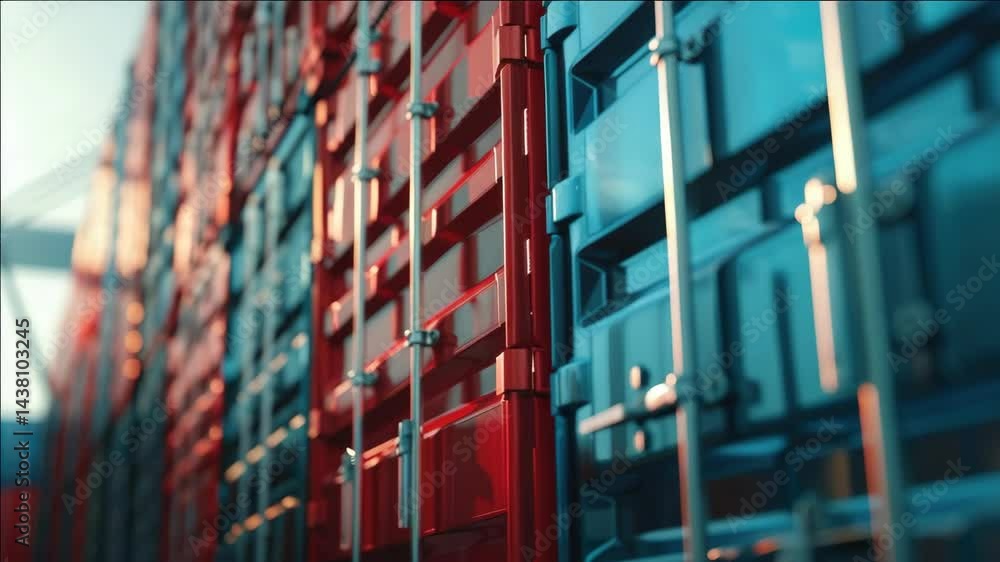Poster a row of red and blue shipping containers are stacked on top of each other. the red containers are o