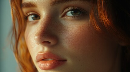 A close-up portrait of a woman with striking red hair and piercing green eyes, exuding an air of serene beauty. Her skin tone contrasts subtly with her fiery hair, creating an engaging visual