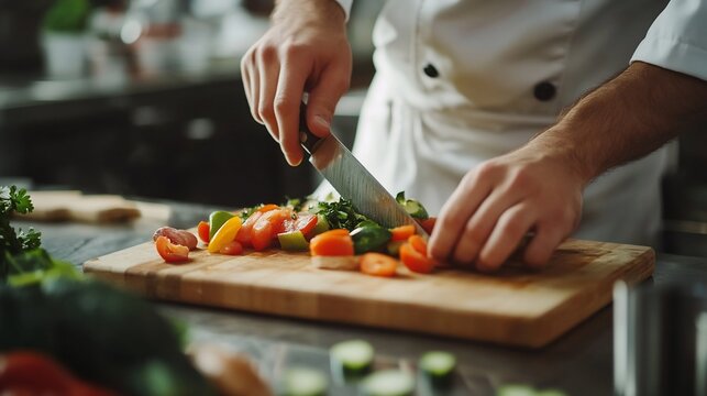 Chef preparing fresh vegetables on wooden board in a professional kitchen