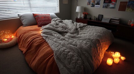 Cozy bedroom interior with warm lighting, orange and gray bedding, and candles.