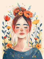 Beautiful woman face with flowers. Hand drawn vector illustration in vintage style.