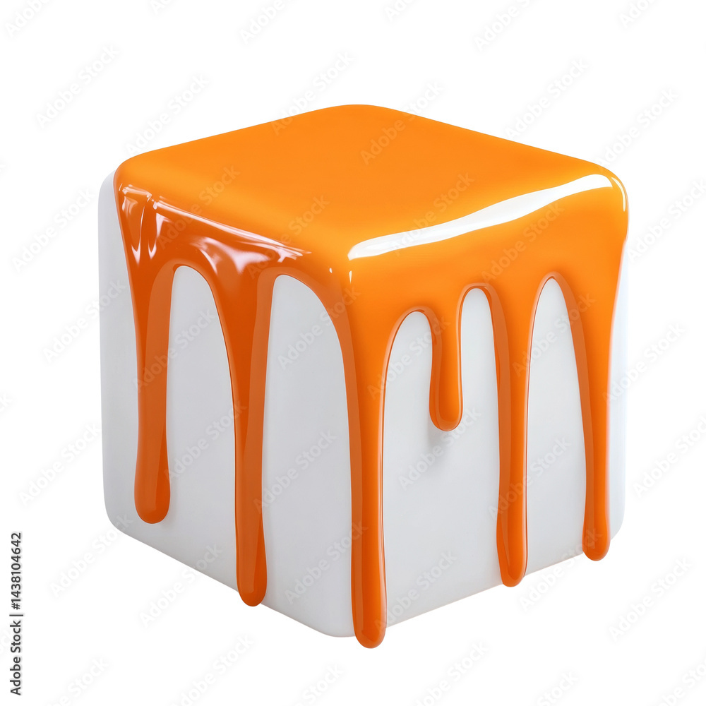 Poster abstract cube adorned with vibrant orange syrup cascades, creating a captivating visual treat with t