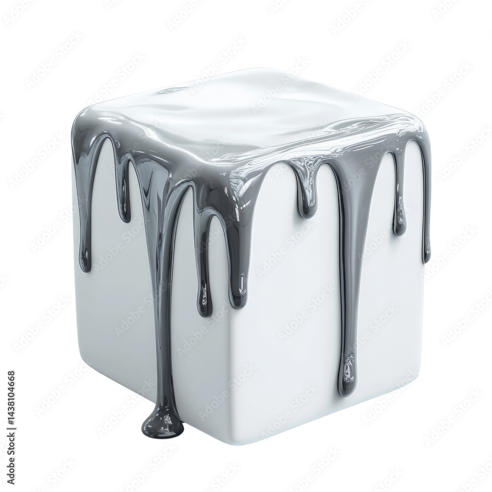 Poster abstract cube with shimmering liquid cascade on a clean transparent presentation