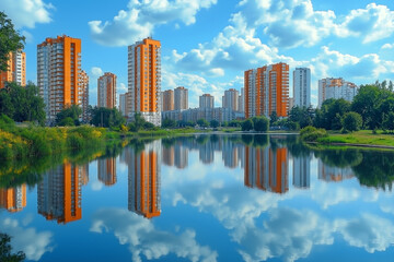 Fototapeta premium Cityscape reflection on lake water residential buildings urban scene