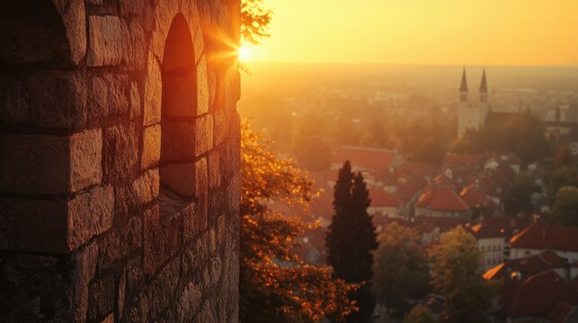 A serene and picturesque view of a quaint village nestled in the hills, with a clear sunset skyline. The warm sunlight illuminates the cobblestone streets and red-roofed buildings of the old town