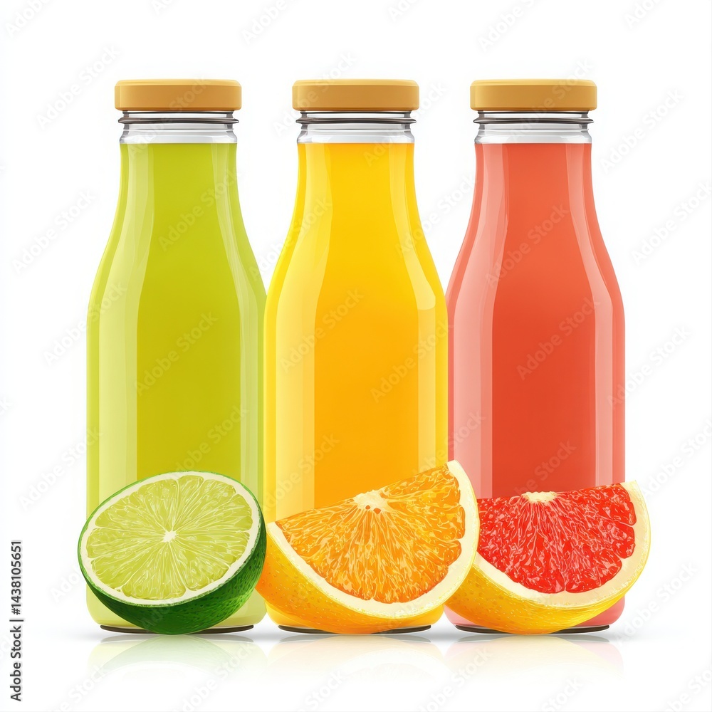 Poster three bottles of juice with lime orange and grapefruit slices on a white background