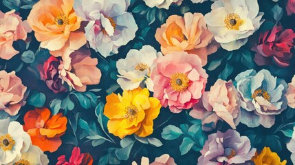 Colorful and detailed illustration of a floral bouquet, featuring an assortment of flowers in a variety of colors including pinks, purples, oranges, set against a green background with hints of blue.