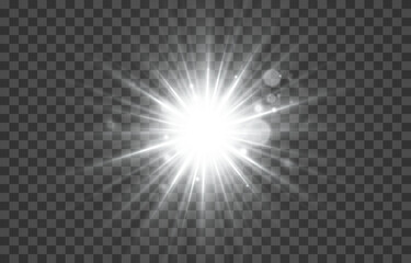 Bright sun sparkles with stars and sparkles. Vector realistic light, Sun with rays and glare. Sunlight or dawn on transparent background