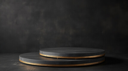 Dark, modern, minimalist display podium. Two circular, layered platforms, dark gray with gold accents, on a dark background. Elevated, elegant, and sophisticated aesthetic for.