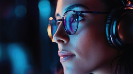 A modern portrait of a woman wearing headphones, embodying the tech-savvy professional with an air of focused attention.