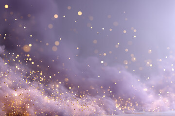 Soft purple clouds with golden sparkling lights, dreamy and ethereal wedding background, pastel and magical atmosphere, ideal for wedding invitations, romantic events, and celebration design