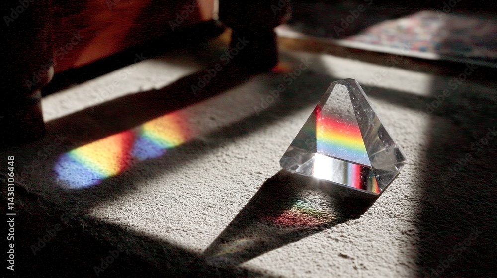 Aufkleber crystal prism casting a rainbow spectrum on a textured surface. light and shadow play across the sce