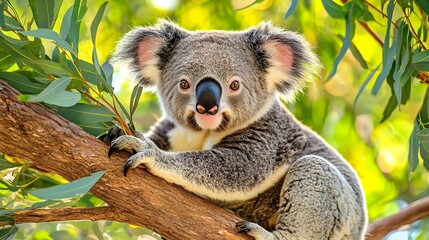 Fototapeta premium Koala with Large Eyes and Expressive Face Sitting on a Tree Branch