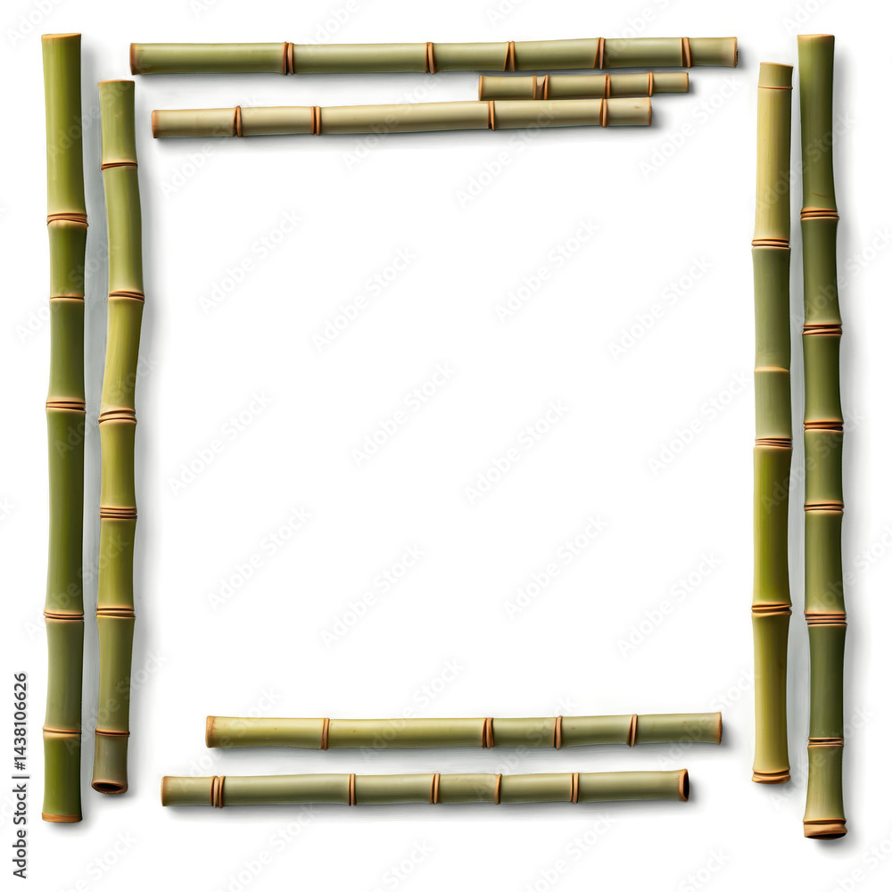 Poster arranged bamboo sticks creating a square frame on a muted green background, evoking a natural and or