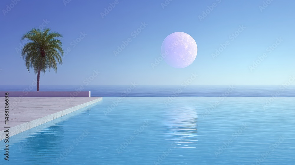 Poster surreal dreamscape of infinity pool merging with ocean and sky with single palm and glowing moon in 