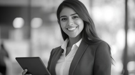 A young, smiling woman in a smart office attire holding a tablet. She is focused on the device's screen while seated in an ergonomic chair at her desk.
