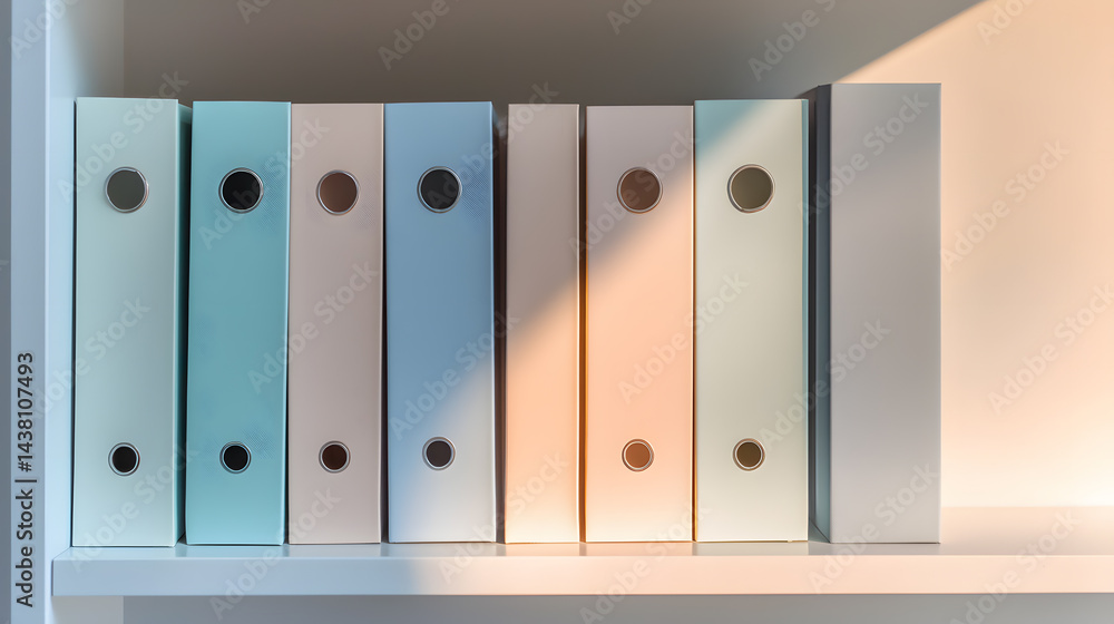 Poster organized pastel-folder display on shelf modern workspace photography minimalistic environment side 