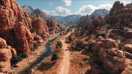 A desert landscape with a winding road, river, and rocky mountains under a bright, sunny sky.