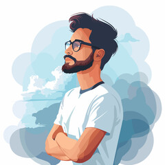 Hipster man vector illustration. Stylish hipster guy with beard and mustache on colorful background.