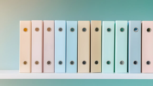 Organized pastel folders on shelf in morning light home office minimalist aesthetic soft tones serene atmosphere
