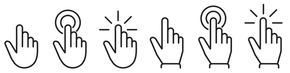 Pointer cursor computer mouse icon set. Clicking hand gesture, tap click action icons. Touch cursor - stock vector.